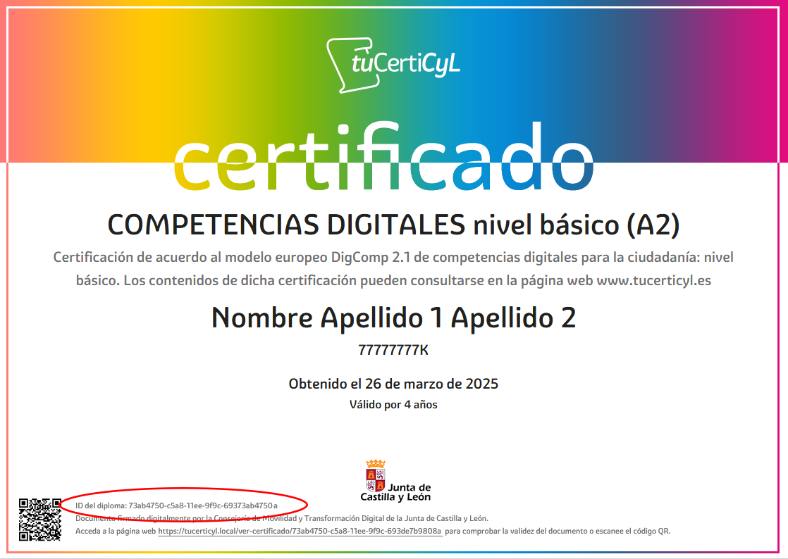 miniatura del diploma indicando que el ID está en la parte inferior izquierda